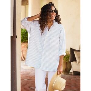 Frank & Eileen Shirley Shirt Women's XL White/Green Stripe Long Sleeve Oversized